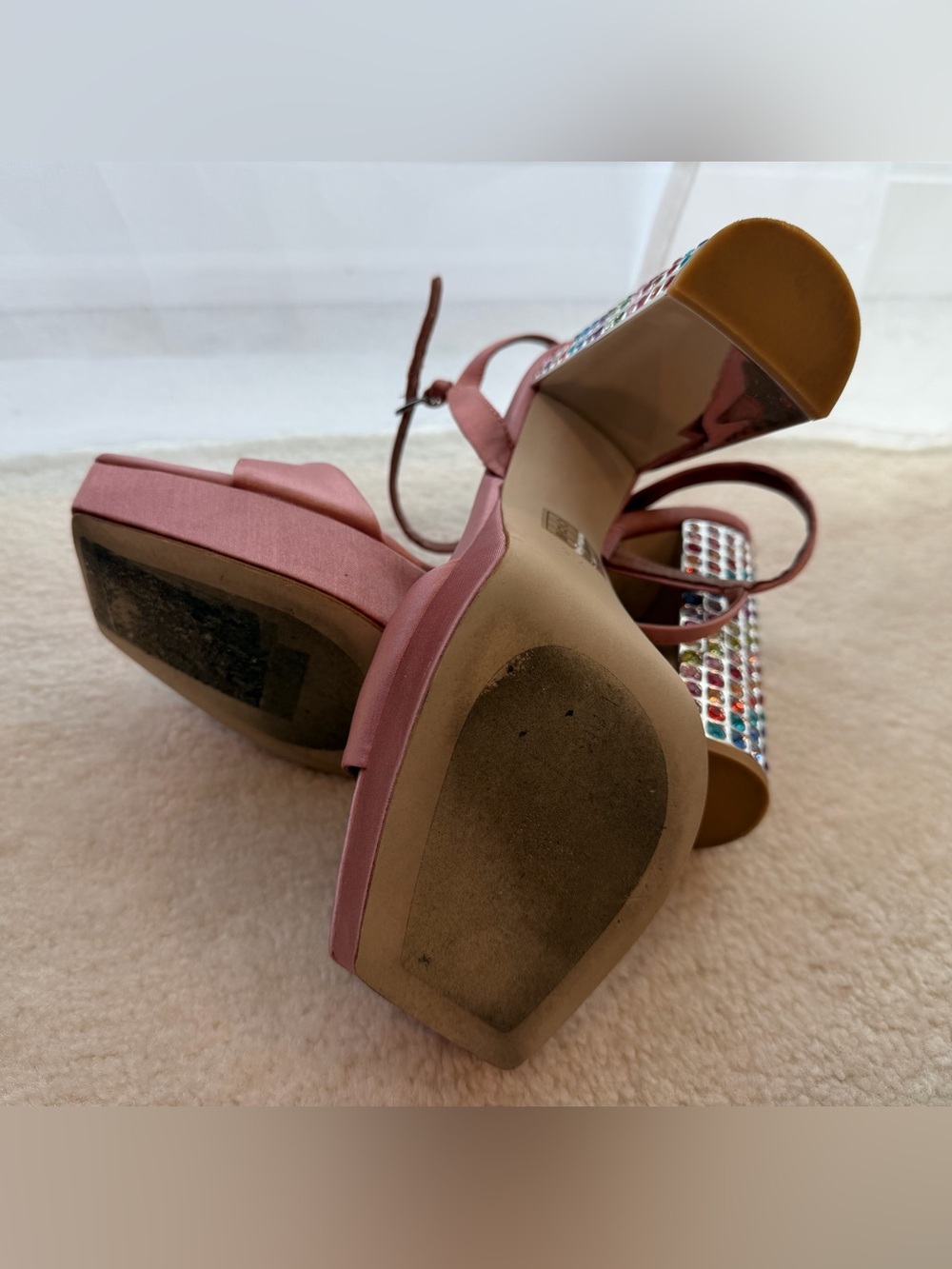 Jeffrey Campbell Pink Satin Multicolor Rhinestone Platform Wedge Heel Sandals - Picture 7 of 13
